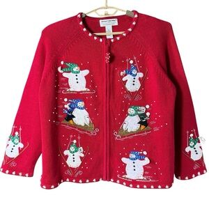 Vintage 90s Heirloom Christmas Snowman Cardigan Skiing Sleigh Riding Fun Size XL